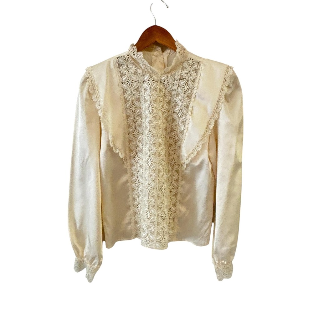 Vintage Lace Satin Blouse Womens M Ivory High Neck Victorian Regency Modest